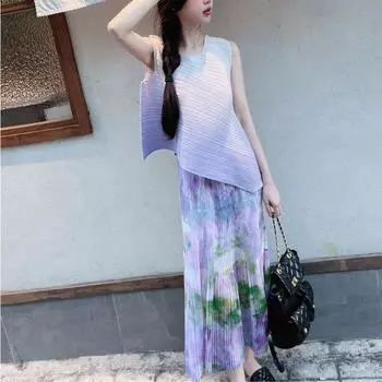 Salt, новый укороченный и легкий модный комплект для зрелости, летний комплект из ста складок, полуюбка из двух частей, повседневный комплект из двух предметов, утягивающая юбка One Size бежевый