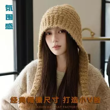 Salt retro thickened three-ball handmade rough knitted hat girls winter outdoor warm ear protector wool hat M56-58cm чёрный
