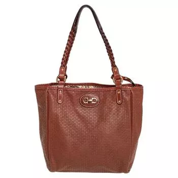 Salvatore Ferragamo Perforated Leather Braided Handle Tote brown