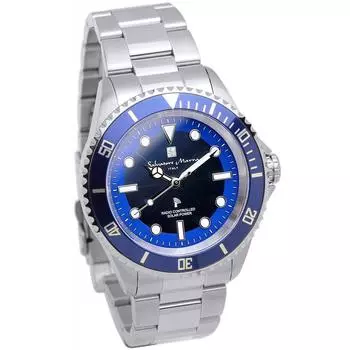 [Salvatore Mara] Часы, радио на солнечной батарее, безель с защитой от обратного вращения, водонепроницаемость до 10 АТМ, мужские, серебристо-голубой SM22110-SSBL