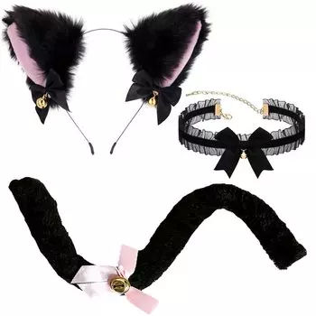 Samcos Cat Ears Cosplay Set of 3 Bowknot Headband Cat Ear Cute Bell Design Cat Ears Headband Costume Accessory School Festival Ball Halloween