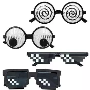 Samcos Party Glasses Birthday Props Set of 4 Mosaic Pixel Glasses, 2 шт., Eyeball Glasses, 1 шт., Очки от головокружения, Украшение для глаз, Для фотографий,