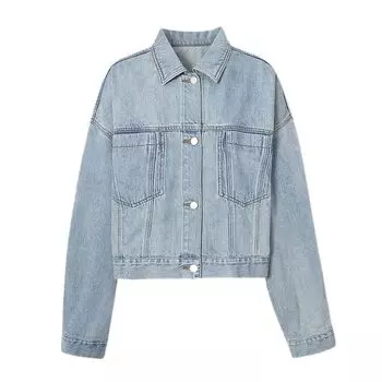 Same Style with Mall 2025 Autumn New Versitile Fashion Polo Collar Denim Short coat Jacket Women 5g8111711 Cowboy Blue S