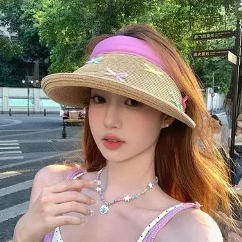 Самодельная цветная шляпа от солнца для девочек с бантом для отдыха на море, пустая верхняя часть, защита от солнца, плетеная соломенная шляпа, шляпа от солнца M (56-58cm) Lafite color empty top розовый