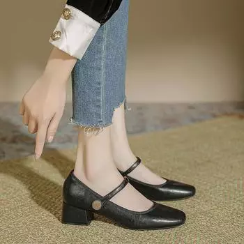 Самодельные, винтажные женские туфли Мэри Джейн с квадратным носком, легкие мокасины на толстом каблуке, одинарные туфли для женщин 34 чёрный