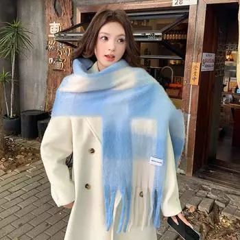 Самодельный сине-белый плед] Зимний шарф женская атмосфера Мохер мягкий восковой утолщенный теплый плюшевый шарф