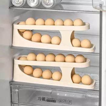 Самокатящийся держатель для яиц, двухслойный нескользящий нижний пищевой класс, кухонный шкаф для кладовой, холодильник, органайзер для яиц, стеллаж для хранения бежевый