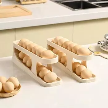 Самокатящийся держатель для яиц, двухслойный нескользящий нижний пищевой класс, кухонный шкаф для кладовой, холодильник, органайзер для яиц, стеллаж для хранения бежевый