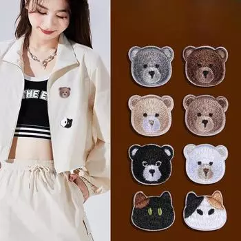 Самоклеящаяся нашивка с изображением медведя и кошки, наклейка для одежды без швов, дырок и следов, ремонт и вышивка на ткани, наклейка, маленькая white bear + apricot bear