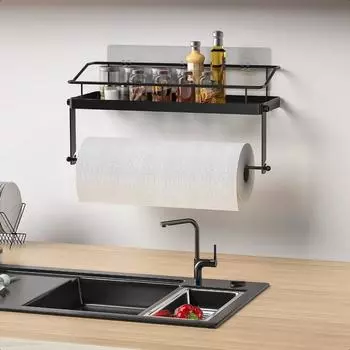 Самоклеящаяся полка-держатель для бумажных полотенец, настенная корзина-стойка для рулона бумажных полотенец для кухни, душа, ванной комнаты, 2 в 1, кухонная полка для специй United States