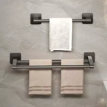 Самоклеящаяся вешалка для полотенец для ванной комнаты без отверстий под шурупы, черная вешалка для полотенец для рук, 2 планки, серая двойная штанга для полотенец