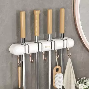 Самоклеящийся держатель для швабры, вешалка для швабры без проколов, прочная стойка для хранения швабры на кухне белый