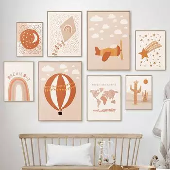 Самолет воздушный шар карта мира мультфильм детские плакаты на скандинавскую тему и принты настенная живопись на холсте настенные панно для детской комнаты A4 21X30cm No Framed