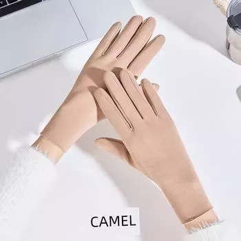 Самонагревающиеся бархатные перчатки Зимние женские Весенние и осенние Heattech Защита от холода Флис Ветрозащитные Велосипедные Эластичные Сенсорные Электромобиль Мужские Full finger camel touch screen