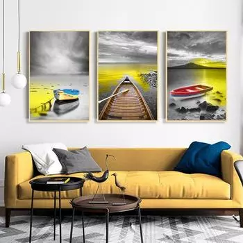 Самоотверженно скандинавский Золотой Горный Озеро Лодка Настенный Художественный Плакат Печать на Холсте Картина Скандинавский Природный Пейзаж Современный Домашний Декор 20x30CM NO FRAME цитриновый