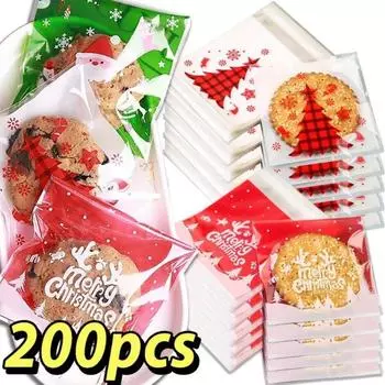 Самозапечатывающиеся одноразовые мешочки для конфет и печенья из полипропилена, прозрачные рождественские пакеты для сладостей с праздничными рисунками из мультфильмов для праздничного подарка A 100PCS