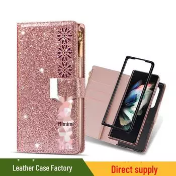 Кожаный чехол-книжка для Samsung Z Fold5: Блестящий однотонный чехол с многокаратной молнией Samsung fold 3 розы красного