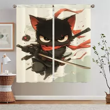 Samurai Cat Kitchen Curtains for Rooms Elegant Room Curtains on Offer Free Shipping Fabric Curtain Tiebacks Partition Blackout W50xH70cmx2pcs-CL