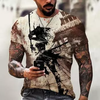 Samurai Pattern T-Shirt Fashion Casual Tops Men s T Shirt Short Sleeve Clothing Summer Loose Anime Japanese 3d Style Blouse= S