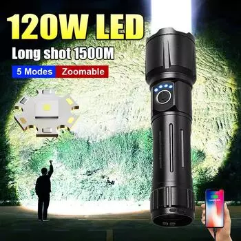 Самый мощный фонарь 120 Вт светодиодный зум дальний 1500 м перезаряжаемый светодиодный фонарик супер сильный охотничий кемпинговый рыболовный фонарь A-Without battery