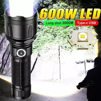Самый мощный светодиодный фонарик, белая лазерная вспышка, перезаряжаемый фонарь, лампа дальнего действия, кемпинговый охотничий фонарь Without battery, charger чёрный