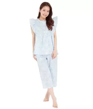 SAN1479 Gingham Check Cinnamon Ruffle Pajamas Short Sleeve Long Pants Top and Bottom Set Room Wear Cinnamoroll Sanrio Sanrio [SAZAC] Women s Blue/M