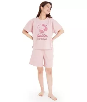 SAN1659 Домашняя одежда Мини Флис U-образный вырез Короткие рукава Шорты Верх и низ Пижама Sanrio Hellokitty Dusty Размер [Southzak] Женская Розовая/M