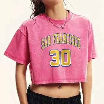 San Francisco 30 Yellow Letter Prints Women Washed Slim T Shirt Summer Fashion Short Sleeve Retro Clothing Cotton T-Shirt M