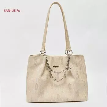 San Fu Bag Shoulder Bag All-Matching Casual Women s Bag Decorative Chain Work Clothing Shoulder Bag Large Capacity Three-Dimensional Tote Bag 458518 Khakis Denim plating