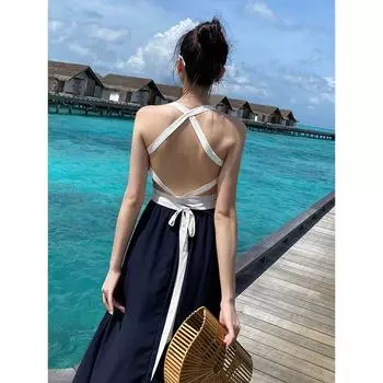 Санья Пляжный Отпуск Пляжная Юбка Мода Приталенный Стройнящий Платье на Бретелях Спагетти Открытая Спина Халтер Бандажное Платье Длинная Юбка для Женщин Azure Blue M