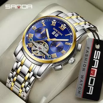 Sanda7006 Стальной ремень мужские полые автоматические механические кварцевые мужские часы календарь флуоресцентные мужские часы