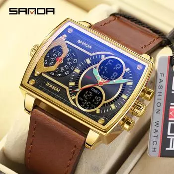 SANDA Мужские кварцевые электронные часы с двойным экраном, водонепроницаемые кварцевые часы с обратным отсчетом Leather чёрный/золотой