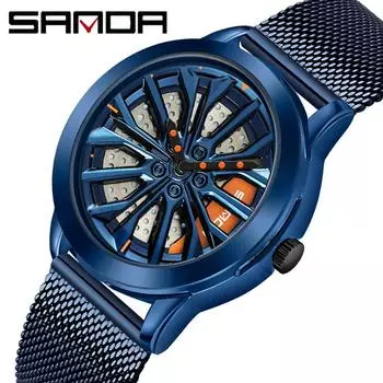 SANDA новые крутые часы на колесиках, модные деловые мужские часы, индивидуальные кварцевые часы с полой пластиной, водонепроницаемые, со стальным ремешком белый