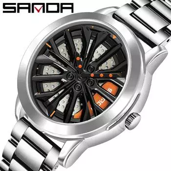 SANDA новые крутые часы на колесиках, модные деловые мужские часы, индивидуальные кварцевые часы с полой пластиной, водонепроницаемые, со стальным ремешком белый