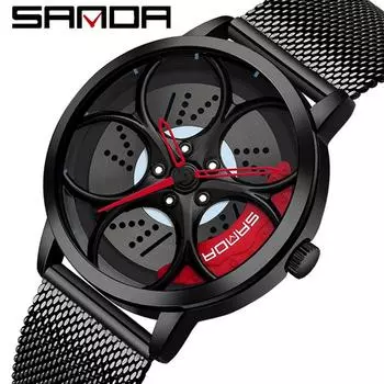 SANDA новые крутые мужские кварцевые часы с колесным циферблатом, повседневные мужские часы со стальным ремнем