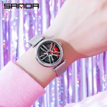 SANDA Новые кварцевые часы с сеткой для пар, стиль колеса, модный тренд, полые простые кварцевые часы для мужчин и женщин