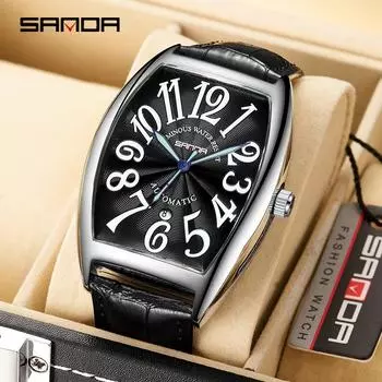 SANDA новые механические мужские часы с календарем, цифровые модные универсальные кожаные флуоресцентные мужские часы