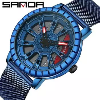 SANDA Новые мужские часы, модные мужские часы серии Wheel, персонализированные повседневные полые мужские часы, водонепроницаемые сетевые с кварцевыми часами синий