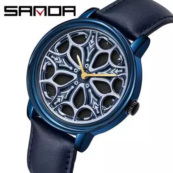 SANDA новые мужские часы с ремнем, кварцевые часы, мужские полые вращающиеся мужские простые индивидуальные часы синий