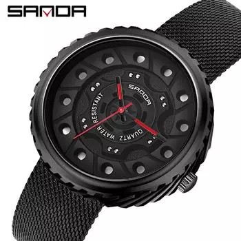 SANDA Новые мужские кварцевые часы с сетчатым ремешком, деловые кварцевые часы с большим циферблатом, модные индивидуальные трендовые часы