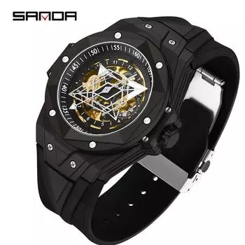 SANDA новые полностью автоматические механические кварцевые полые геометрические часы модные трендовые крутые мужские часы силиконовые часы