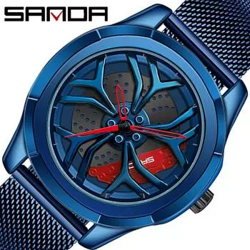 SANDA новый продукт, крутые часы на колесах автомобиля, модные деловые мужские часы, персональные кварцевые часы с полым диском и стальным ремешком