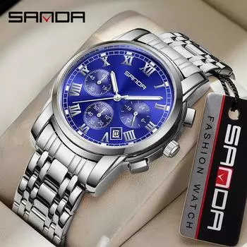 SANDA стальной ремень кварцевый ремешок календарь три глаза шесть выстрел модные повседневные мужские часы крутые часы