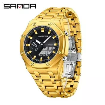SANDA Watch Cool Trend электронные часы многофункциональные часы с лампой для поднятия руки будильник водонепроницаемые часы зеленый цвет-серебро