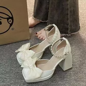 Sandal girl 2025 new summer bow fairy style platform pearl word with fashion open-toed Roman women s shoes 35