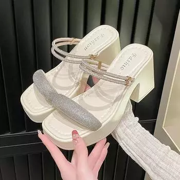 Sandal Slippers Female Summer Fairy Rhinestone One Word Beach Shoes Large Size Two Wear High Heel Sandals Fashion Women Summer Breathable Shoes 35