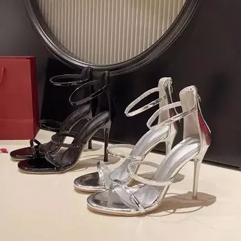 Sandalia mujer cua de tacn alto, zapato de diseo, punta redonda, puntera sexy con goteras, verano 34 серебряный