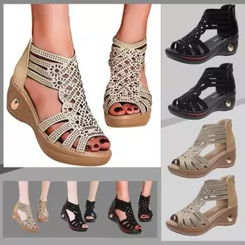 Sandalias Crystal Mujer Повседневная летняя пляжная обувь на танкетке в римском стиле женская обувь 40 чёрный