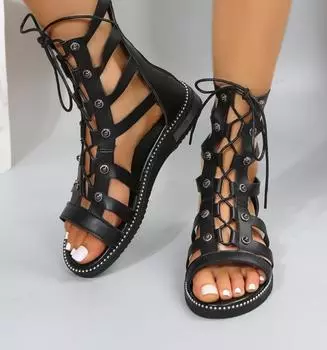 Sandalias De Mujer 2024 Новые повседневные женские сандалии с открытым носком и перекрестными ремешками, женские туфли на танкетке, летние большие 41 римские сандалии 35 чёрный