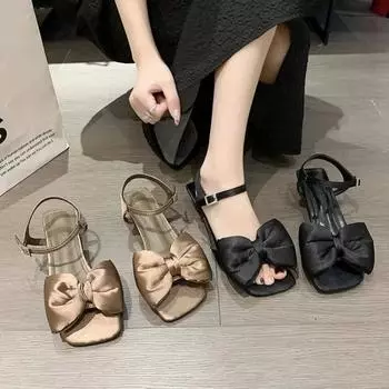 Sandalias De Mujer Verano 2024 Bow Low Thick Heel Ladies Shoes Fashion Open Toe Solid Color Elegant Dress Heeled Sandales Femmes 35 чёрный